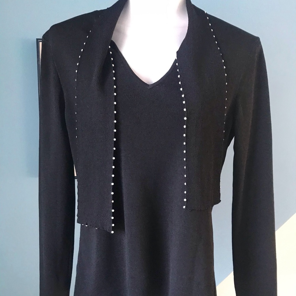 Cable & Gauge Sweater with Attached Pearl beaded Scarf, Medium.